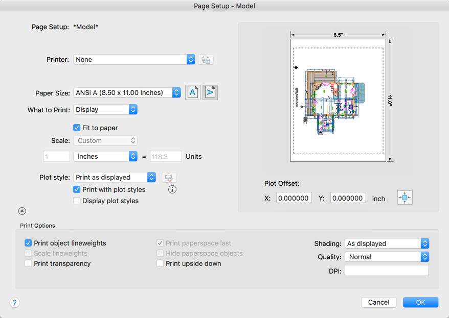 get my page setup manager to be at 0 in autocad for mac